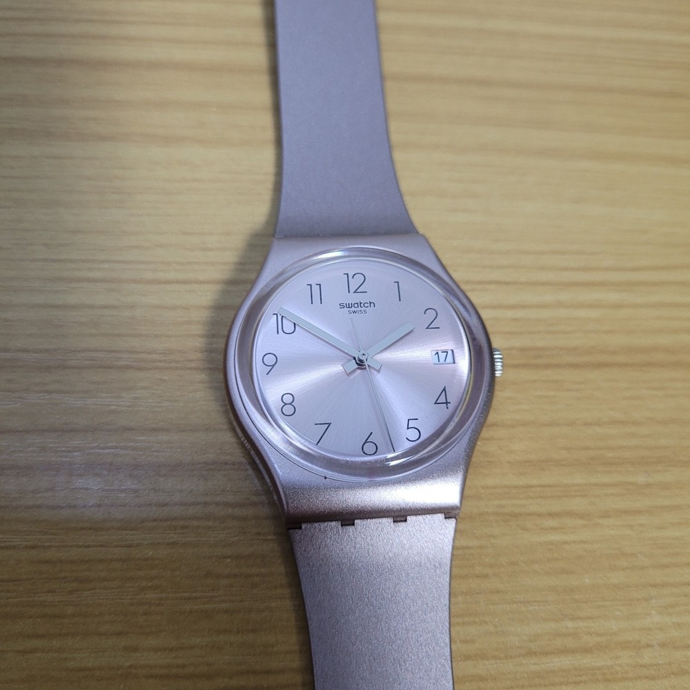 New Swatch Swiss Originals PINKBAYA Rose Gold Silicone Date Watch 34mm